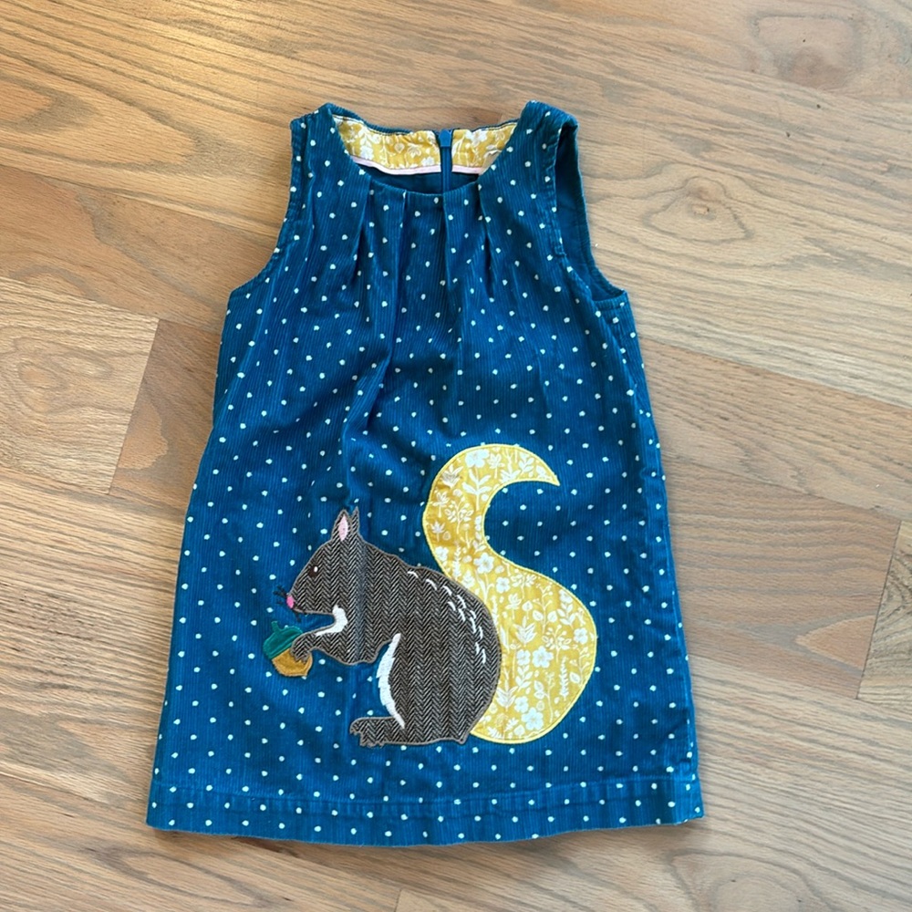 Mini Boden Navy Polka Dot Corduroy Dress with Yellow Squirrel Applique